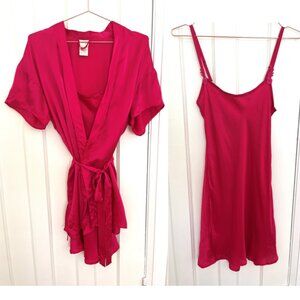Vintage 90s Silk Hot Pink Robe and Slip Set by Silk & Satin, Size Small